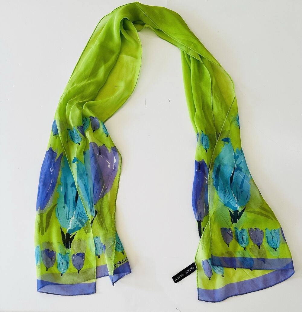 Ellen Tracy 100% Silk Long Scarf Lime Green Purple Floral Lightweight Luxury